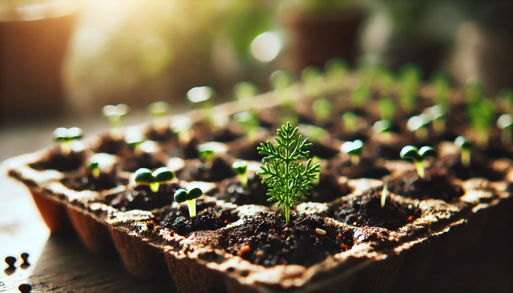 A close-up of seedlings growing in a tray, with various green sprouts emerging from dark soil, illuminated by soft sunlight.