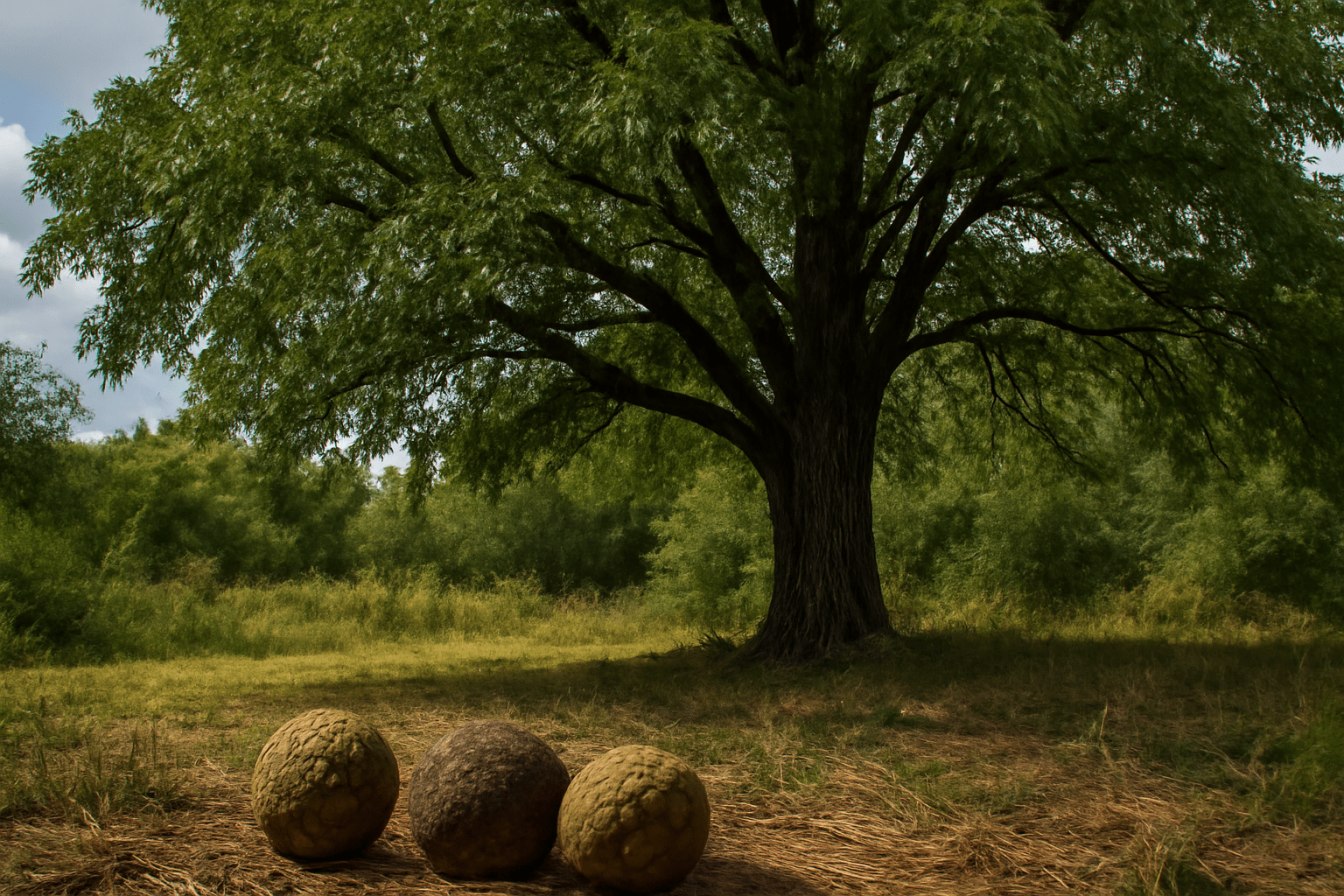 "Tall Black Walnut tree with large walnuts beneath it, showcasing a natural setting ideal for timber and nut production."