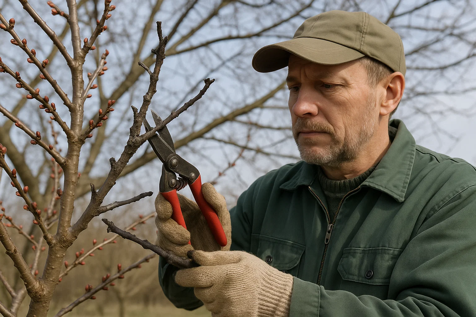 A man wearing a winter hat and red clothing is outdoors, using scissors to cut a tree.