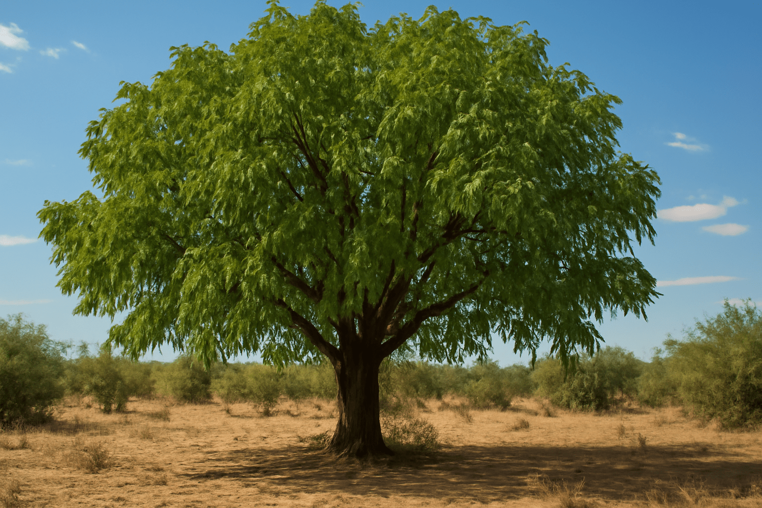 "Northern California Black Walnut tree in an arid landscape with a wide canopy, showcasing drought-tolerant features."