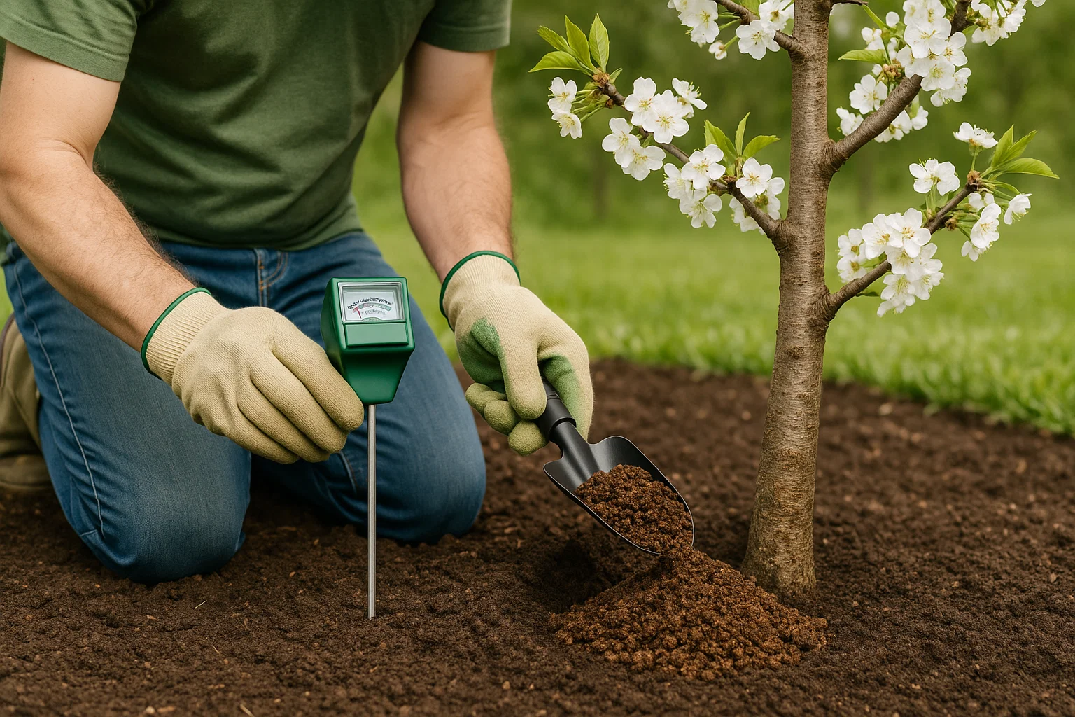 A person planting a small tree into the ground in an outdoor setting, surrounded by grass and flowers. The individual is wearing gardening clothing and appears focused on the task at hand.