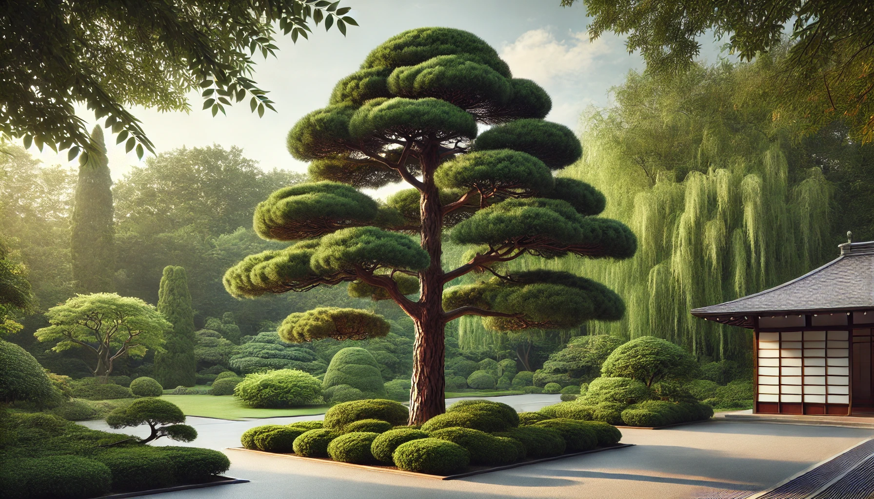A manicured Japanese garden with a sculpted pine tree, trimmed shrubs, stone paths, and a traditional wooden building under soft daylight.