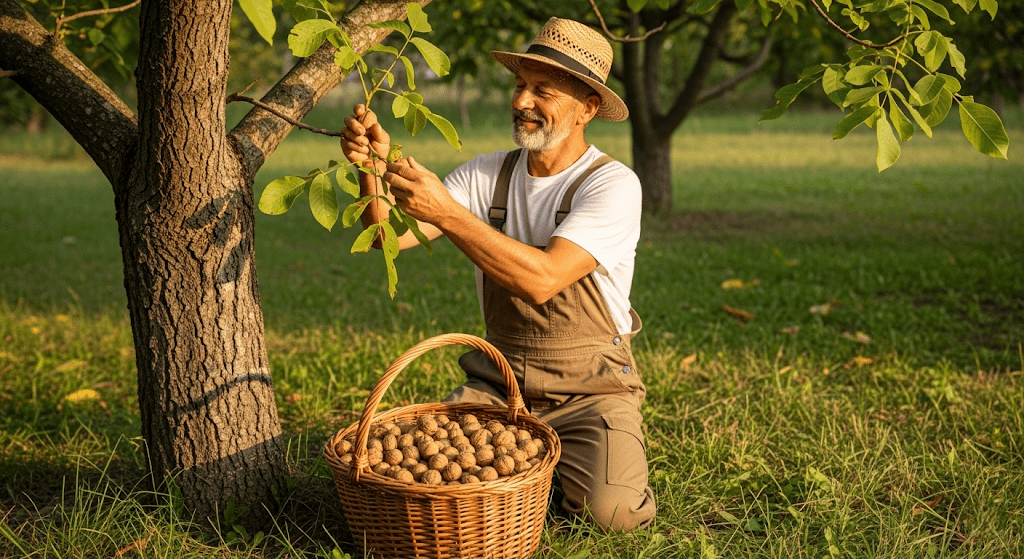 "Gardener harvesting walnuts with a basket full of nuts, symbolizing a successful harvest"