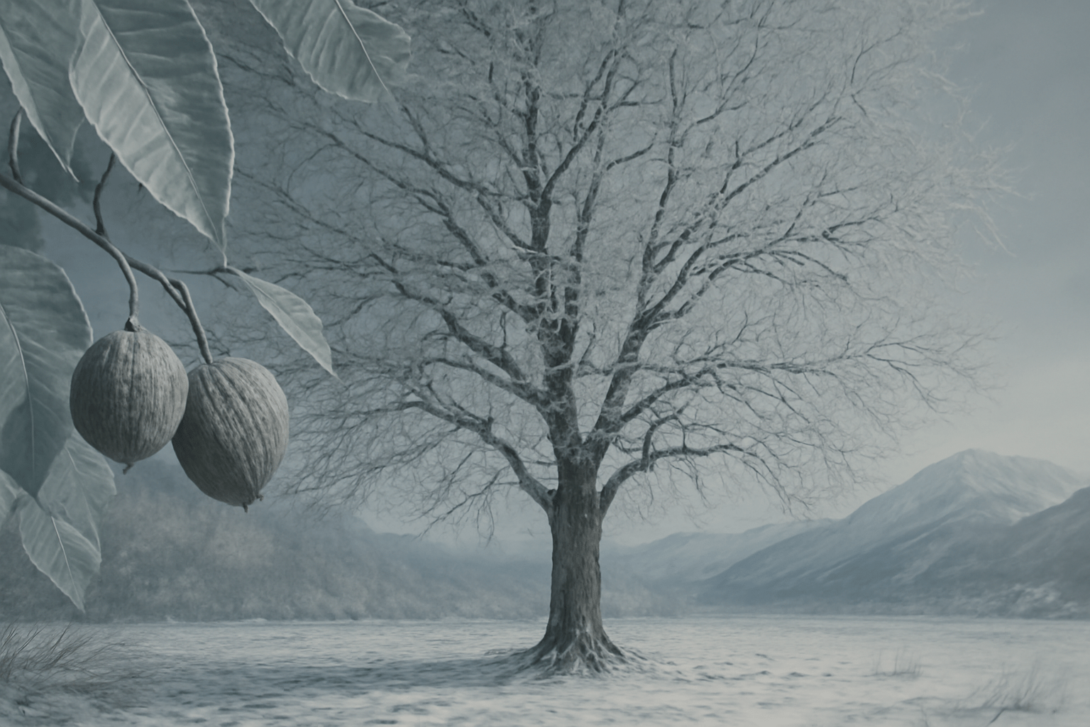  "Carpathian Walnut tree in a snowy landscape, demonstrating its cold-hardiness and suitability for harsh climates."