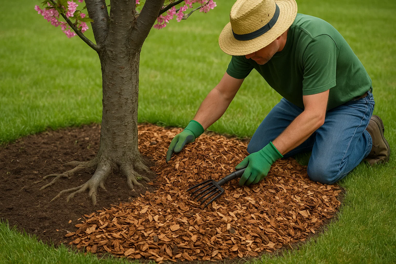 A man kneeling in a garden, using a rake to gather grass and soil, surrounded by plants and trees. He is wearing a sun hat and outdoor clothing.
