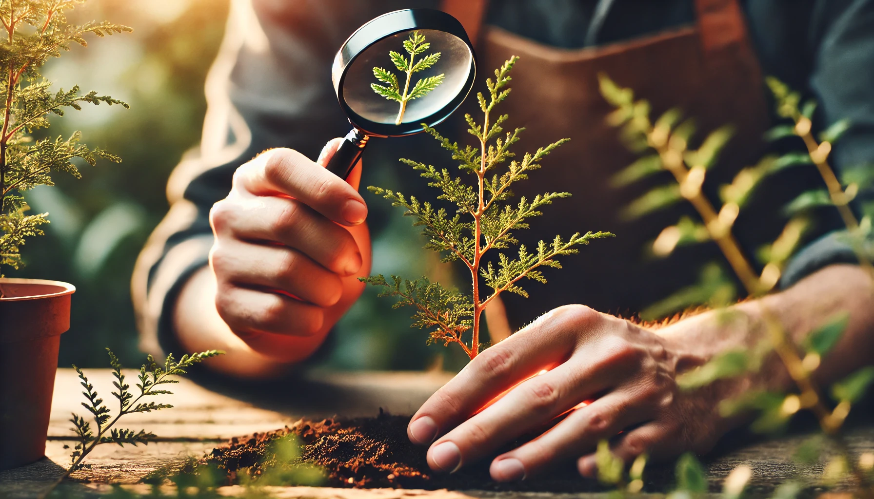 A person examines a small potted plant with a magnifying glass while wearing an apron, focusing on the details of the leaves.