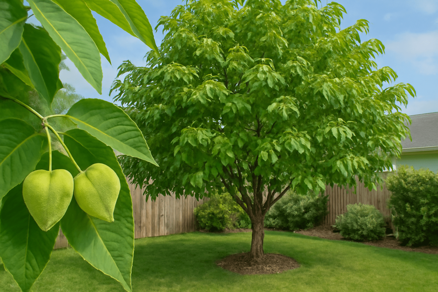 "Butternut tree with sweet-tasting walnuts on the ground, set in a woodland environment with light bark."