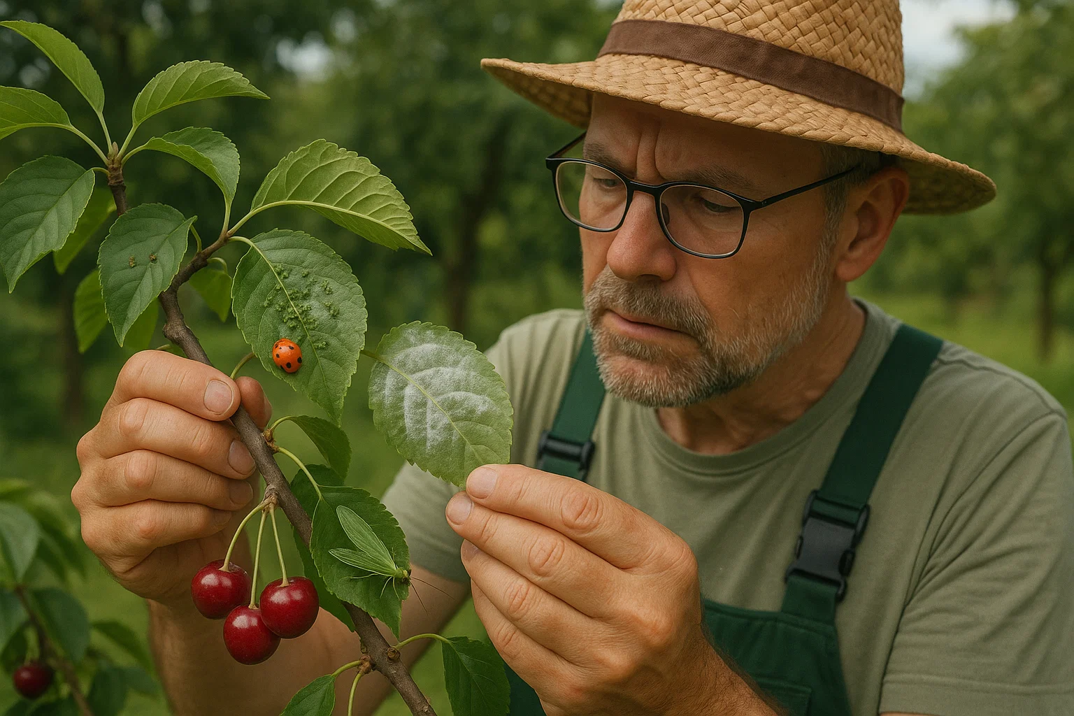 A man wearing a hat and overalls is holding a branch with cherries while standing in a grassy outdoor area near a tree.