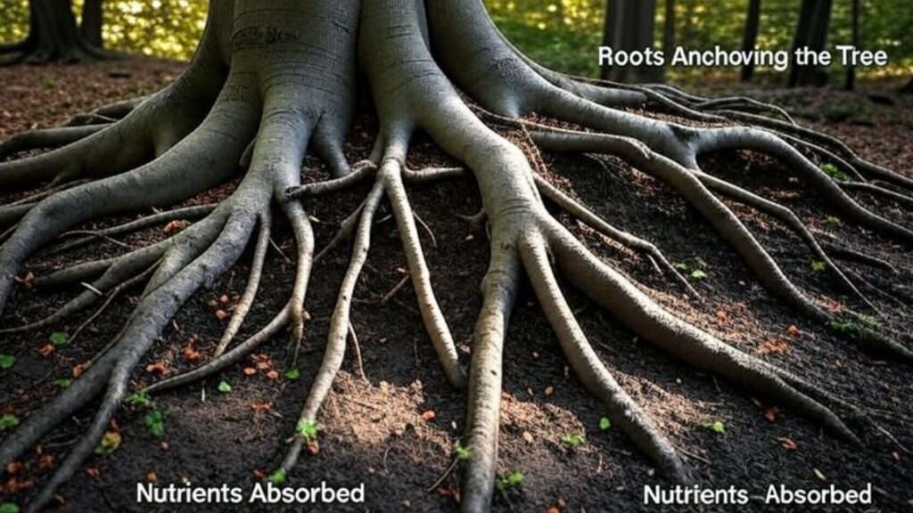 Close-up of large tree roots spreading across dark soil in a forest. Sunlight highlights the roots. Text labels roots: "Roots Anchoring the Tree" and "Nutrients Absorbed."