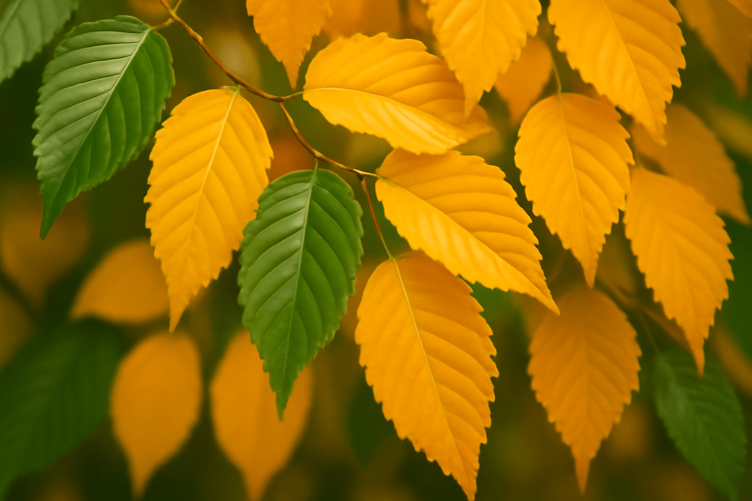 A close-up of vibrant autumn leaves on a tree branch, showcasing shades of orange, red, and yellow.