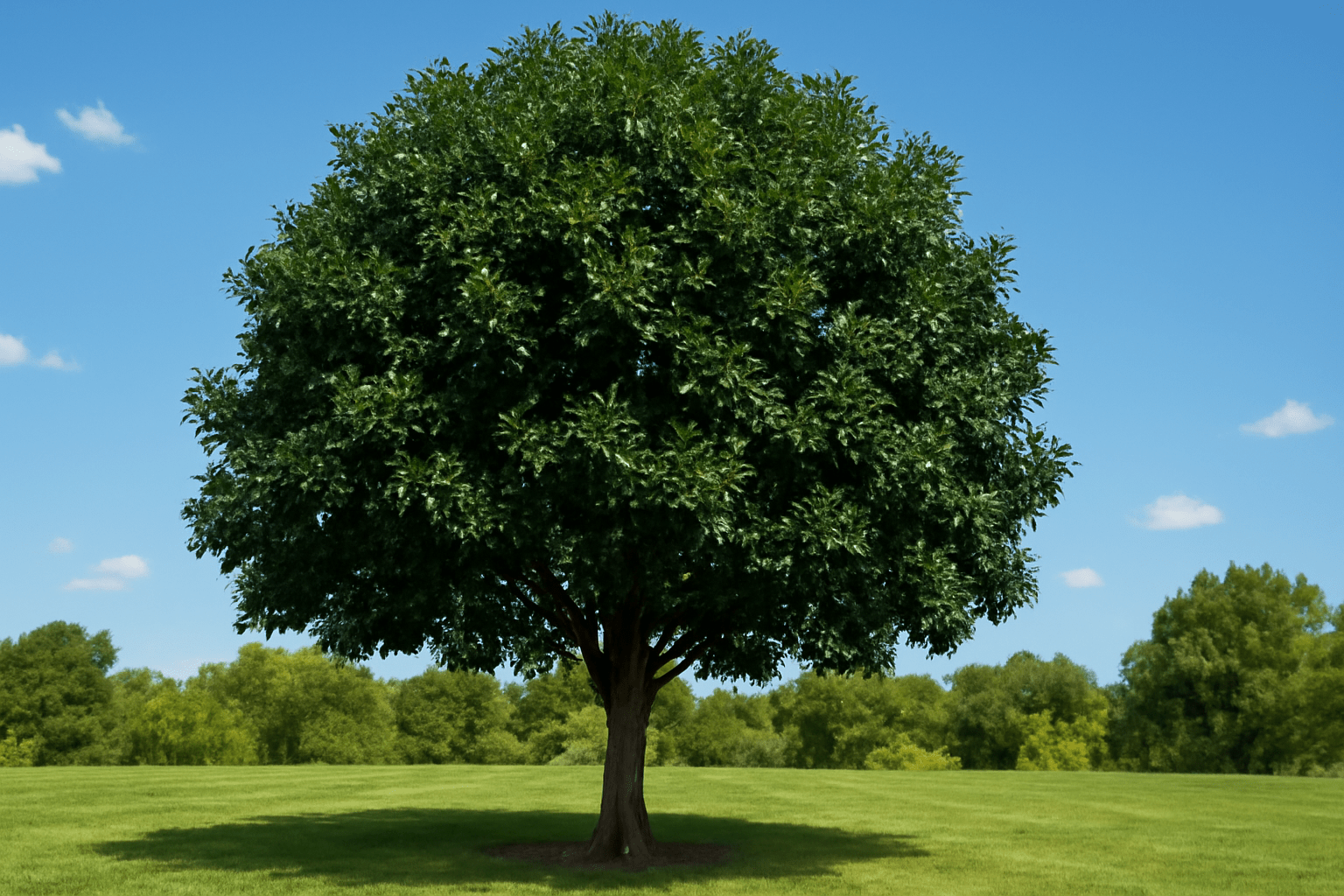 Fan Tex Ash Tree with glossy green leaves and a rounded canopy in a sunny garden, showing its resilience.