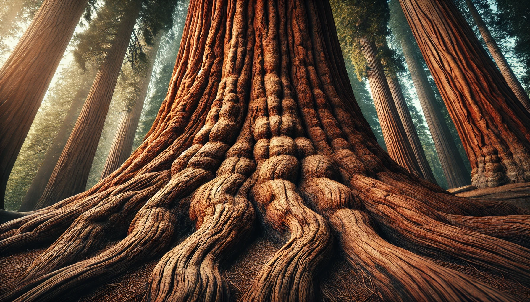 Close-up of a massive redwood tree trunk, showcasing its textured bark and intricate roots in a misty forest setting.