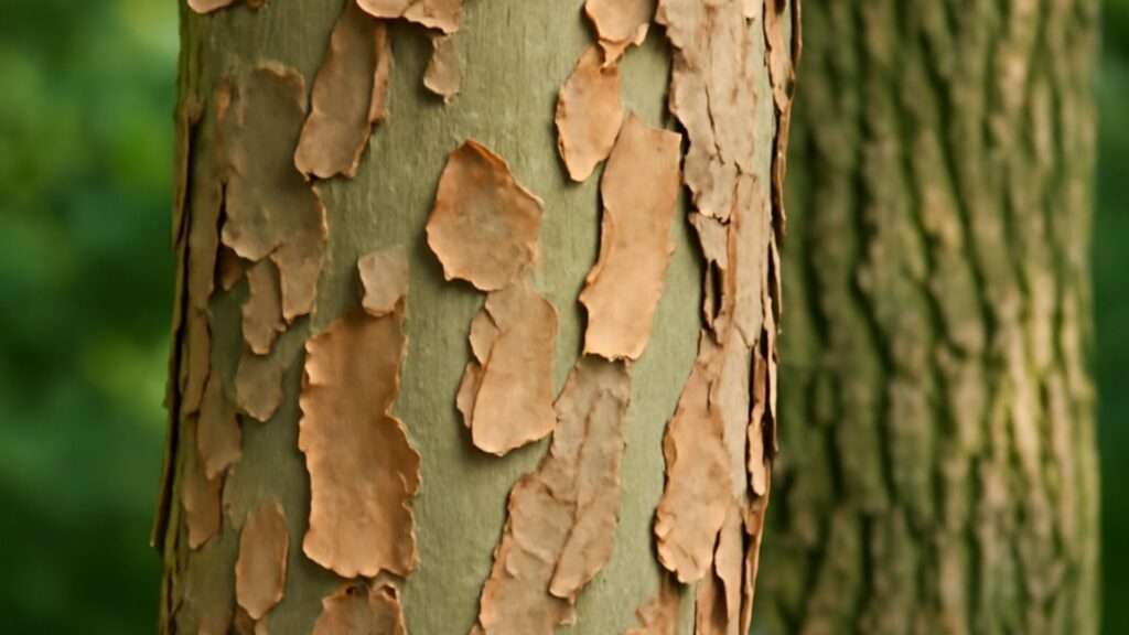 Close-up of a tree trunk covered in brown paint, highlighting the texture and color contrast of the bark.