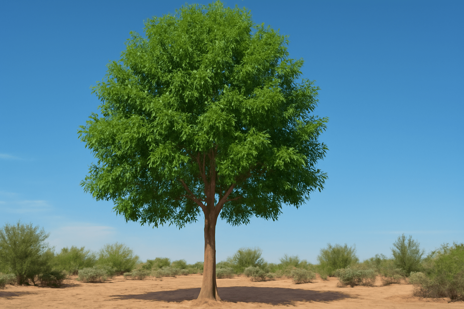 "Ash Arizona Tree growing in a sunny desert landscape with vibrant green leaves and large canopy."