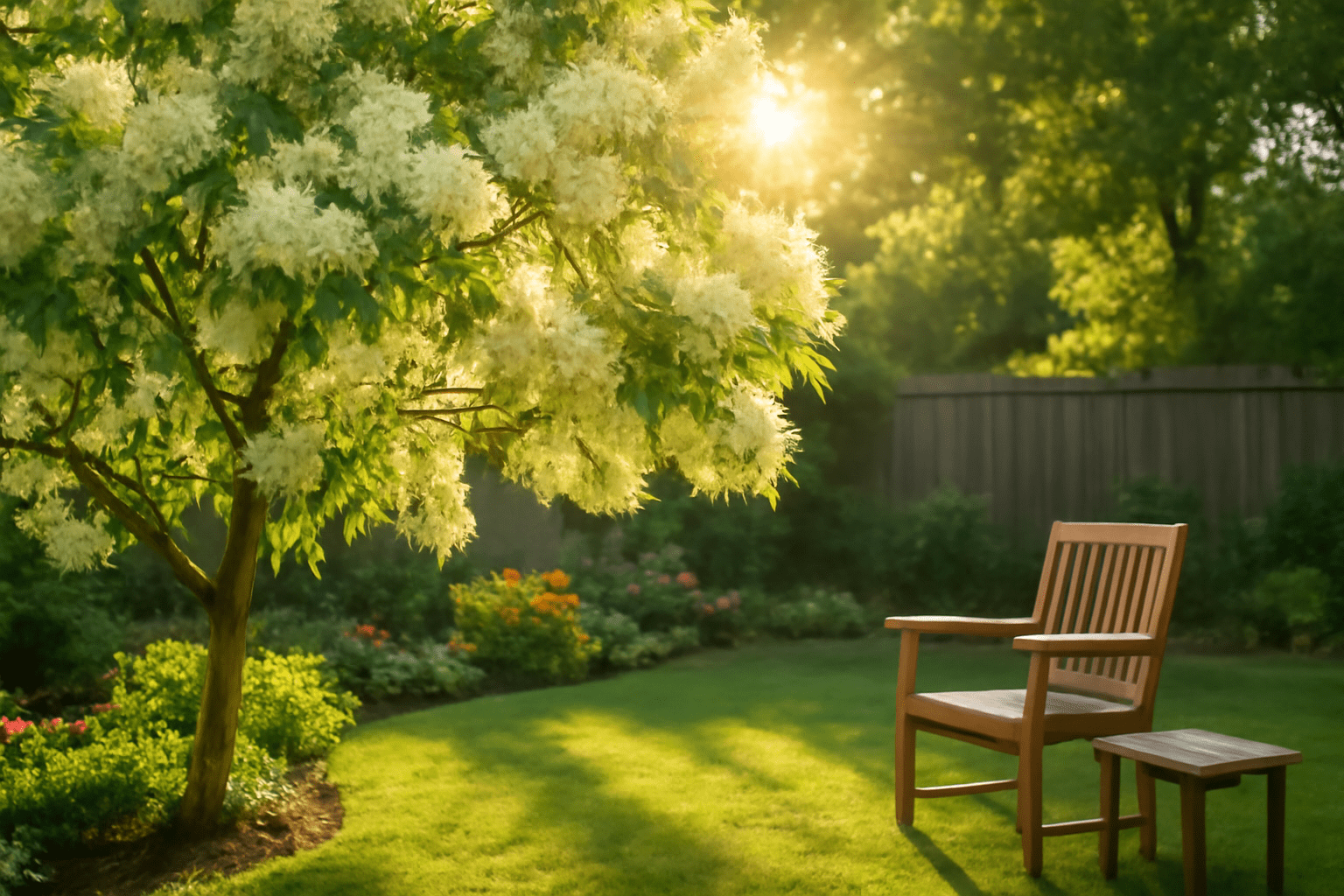 "Fragrant ash tree in bloom in a backyard garden, offering a peaceful and aromatic environment."