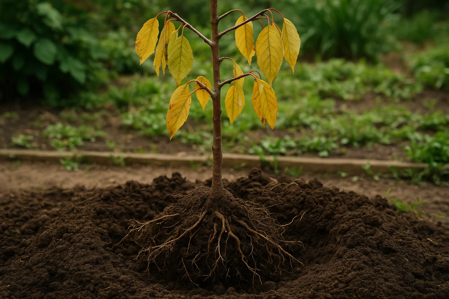 A small tree with yellow leaves rises from dark soil, showcasing its roots nestled in a mound of earth against a blurred green background.