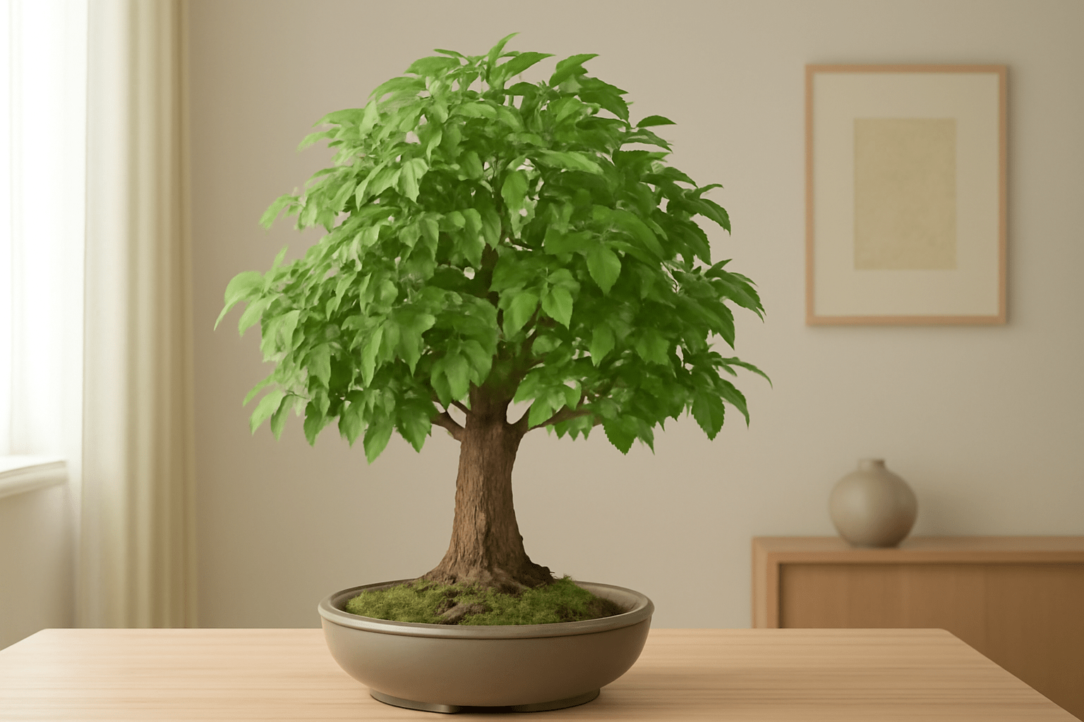 "Ash bonsai tree thriving indoors with bright green leaves and elegant trunk."