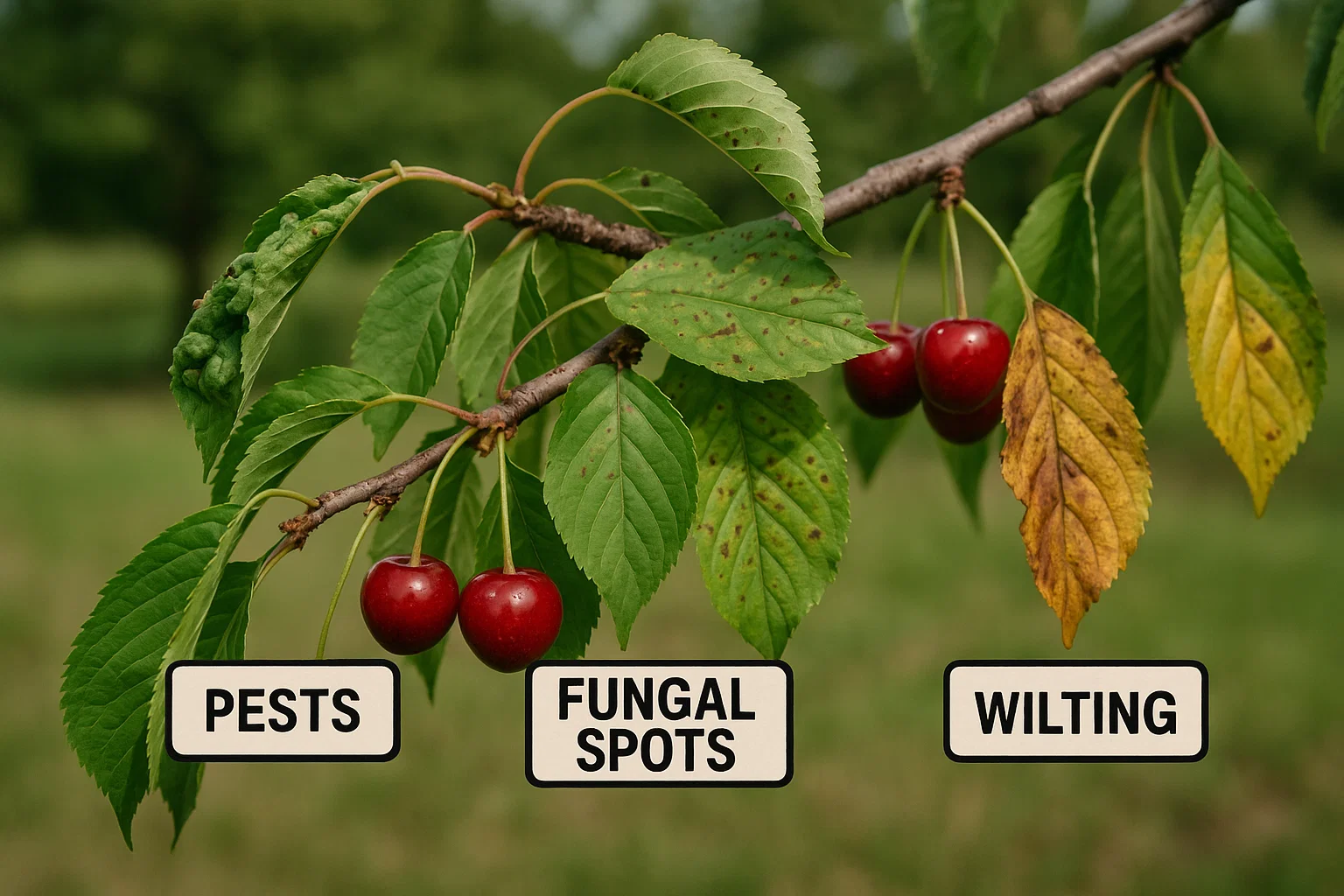 Cherry branch showing signs of pests, fungal spots, and wilting leaves.