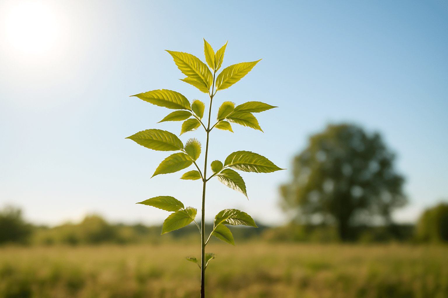 "Young ash tree sapling growing in sunlight under clear skies."
