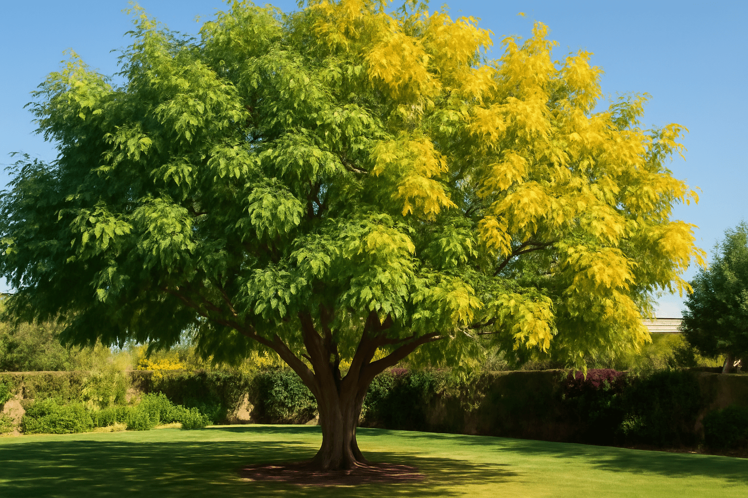 "Shamel Ash tree providing shade in a lush garden or urban landscape, with green and yellow foliage."