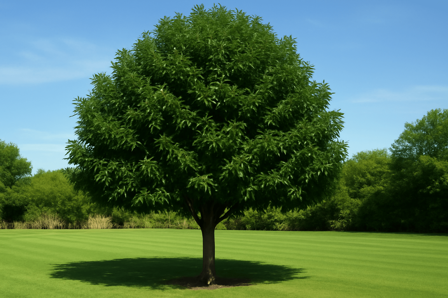 Close-up of a Raywood Ash tree in summer with lush green leaves and symmetrical canopy
