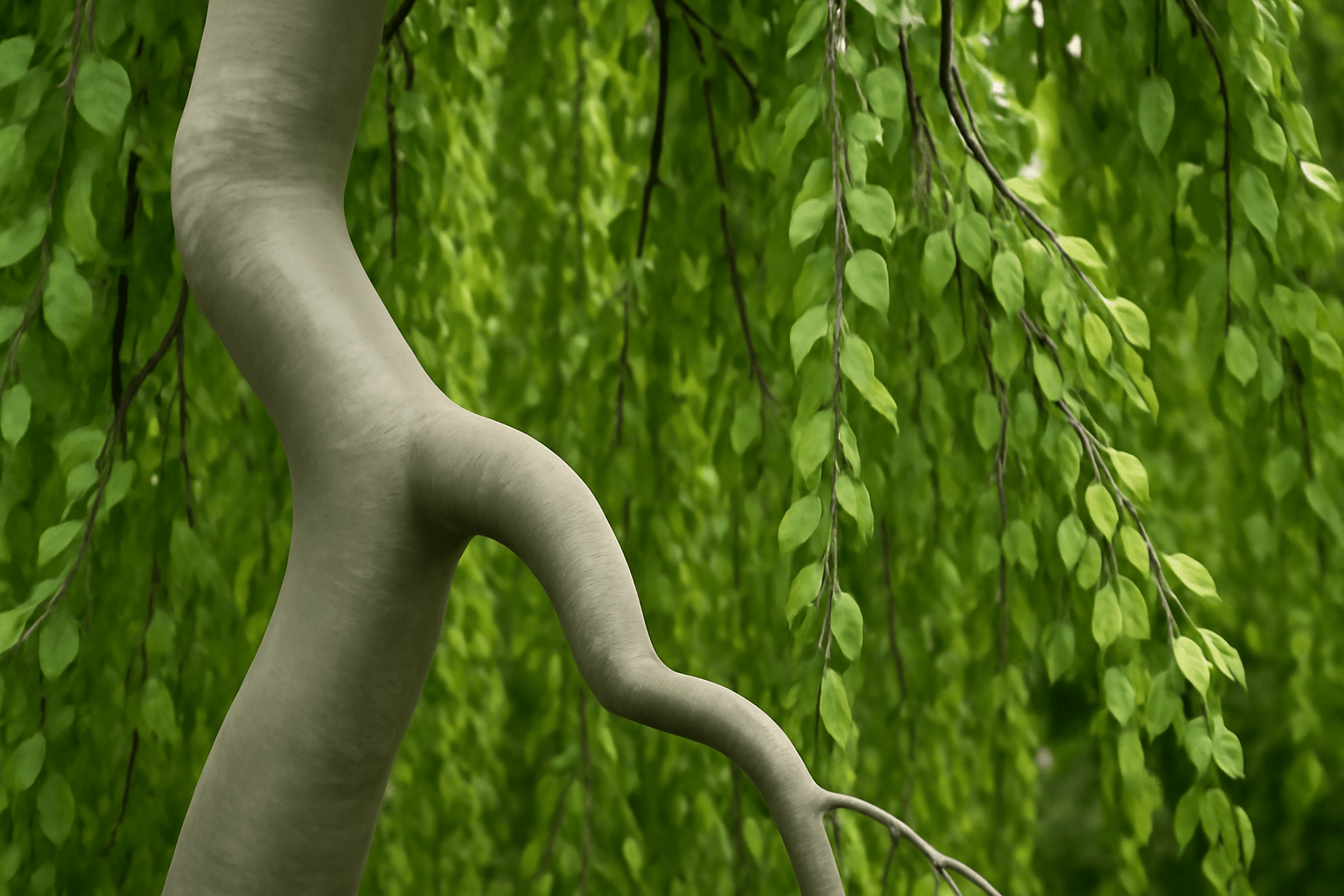 A smooth, curving tree trunk with drooping branches filled with vibrant green leaves, creating a serene and lush nature scene.