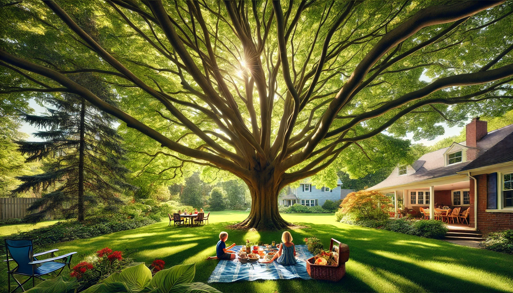 Two children enjoy a picnic under a large tree in a sunny backyard, with a house and dining area visible in the background.