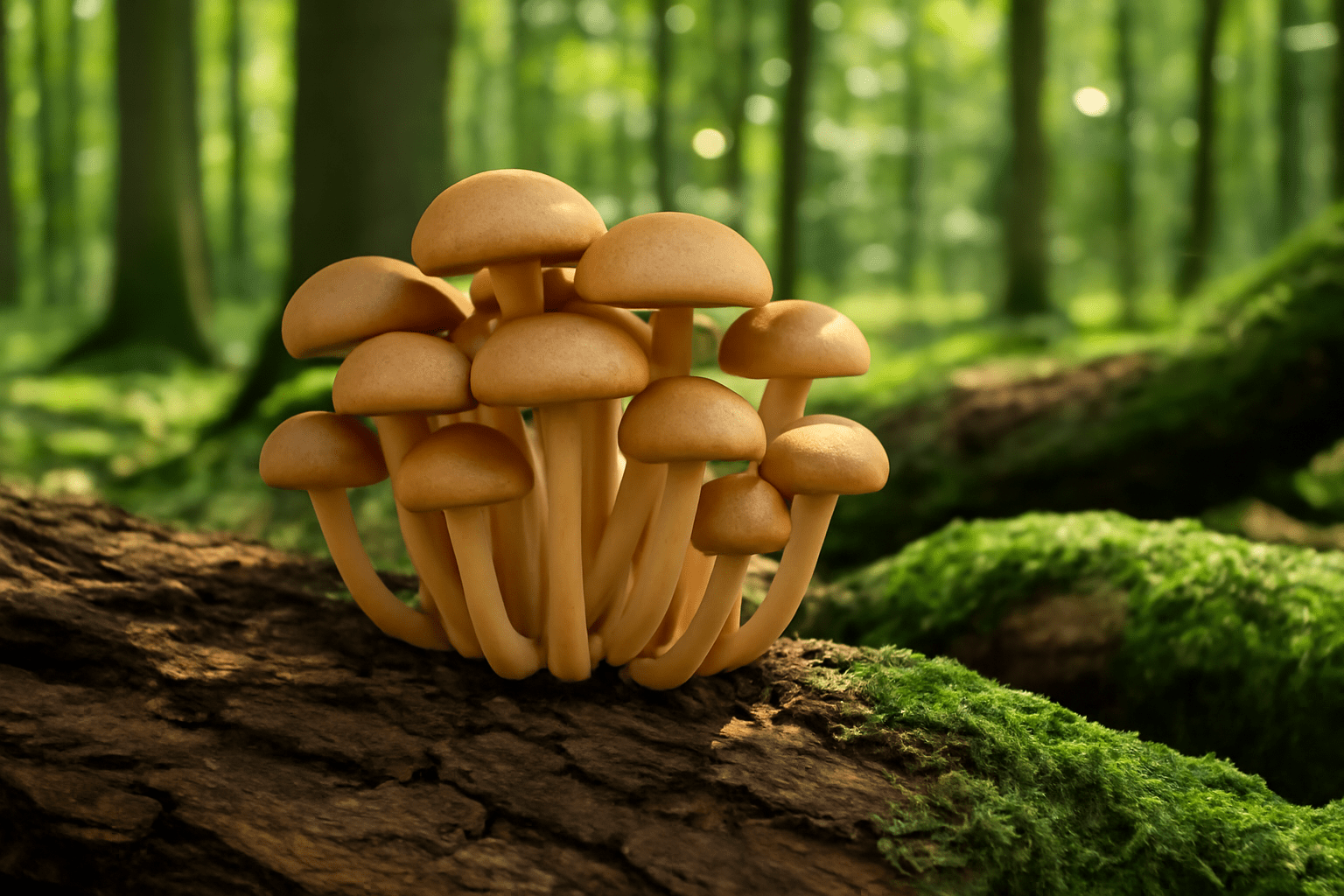 Cluster of light brown mushrooms growing on a moss-covered log in a sunlit forest. The scene conveys a sense of tranquility and natural beauty.