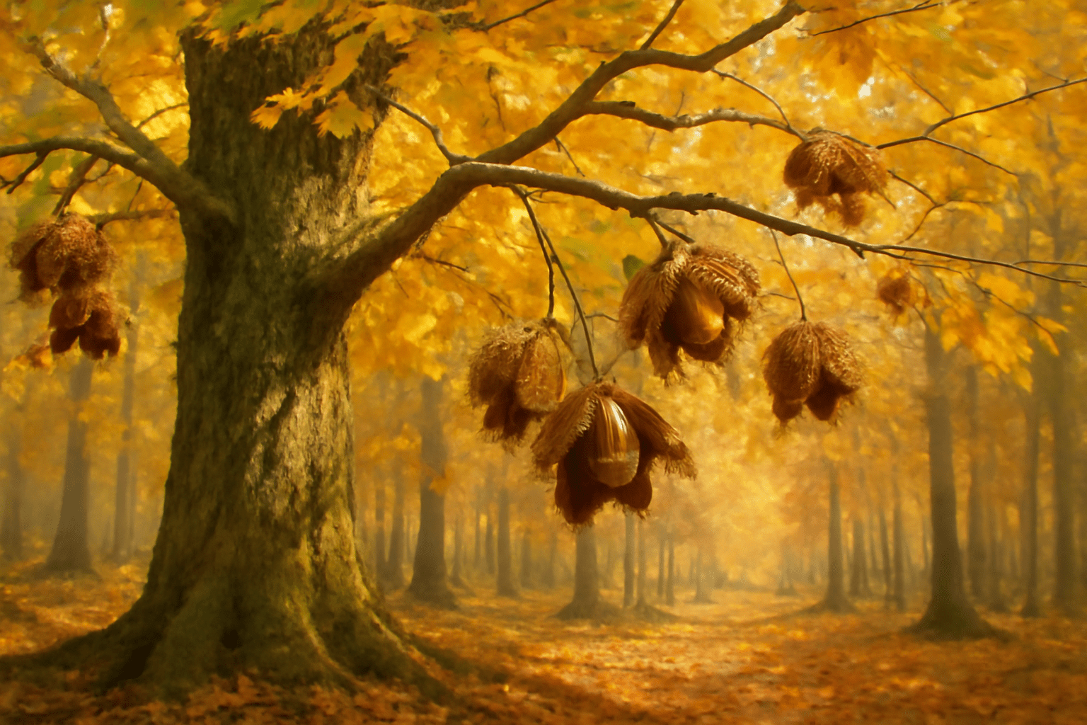 Majestic tree in an autumnal forest, with large, fuzzy acorns hanging from its branches. Golden leaves create a warm, serene atmosphere.