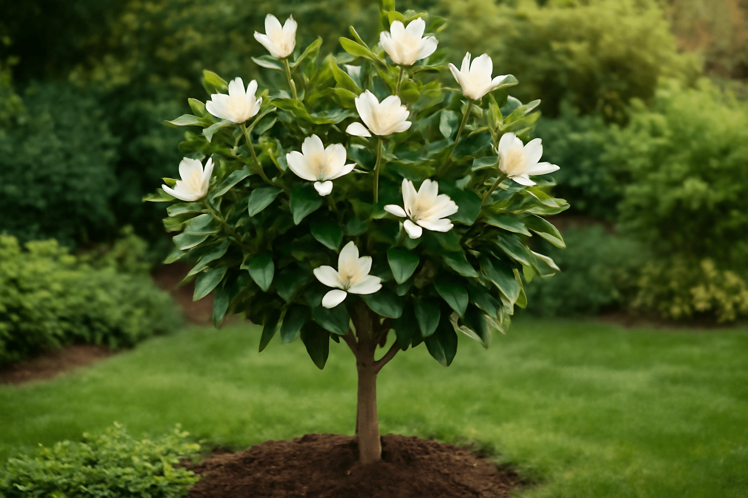 "Compact Teddy Bear Magnolia Tree with creamy-white flowers and glossy leaves in a garden."