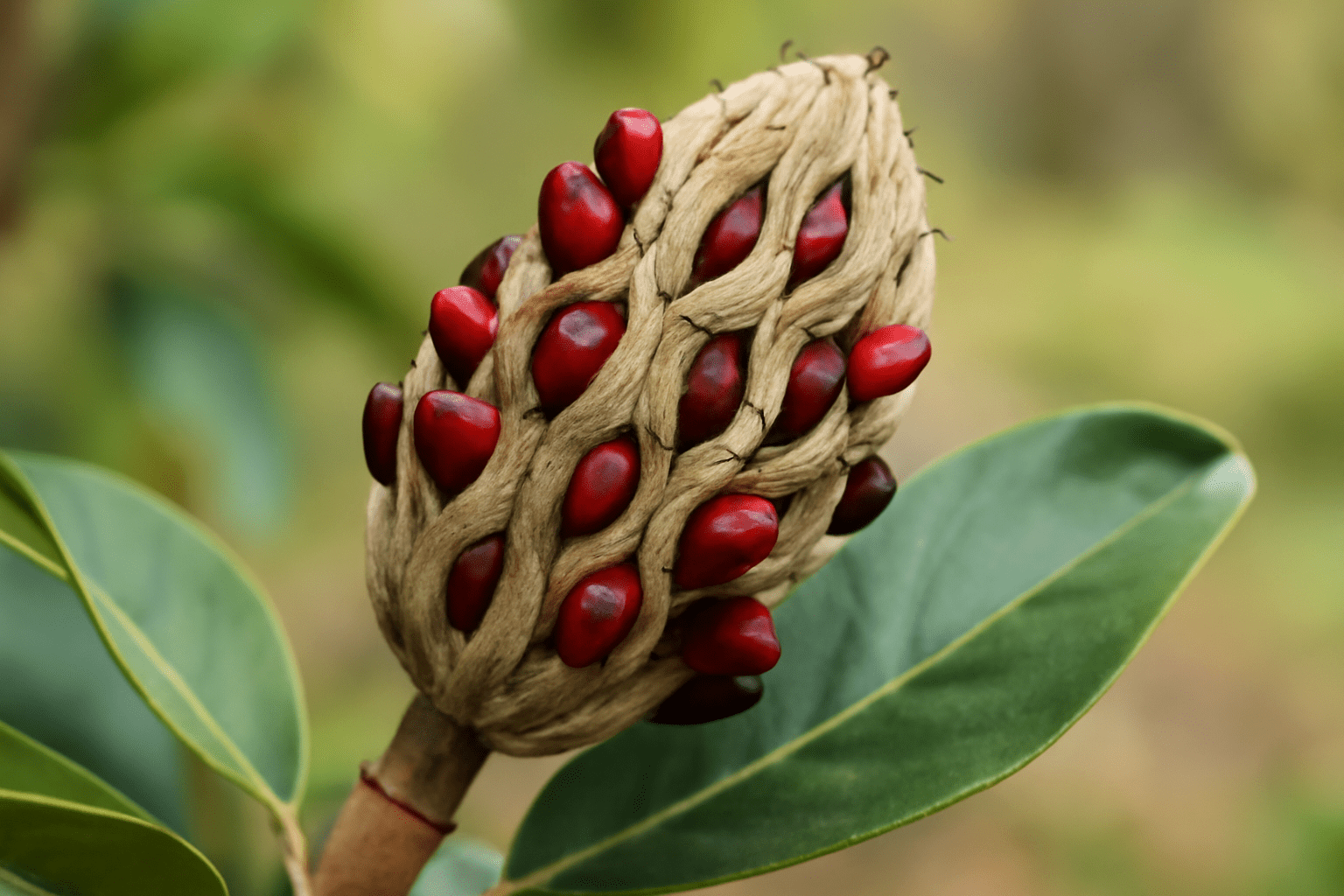 "Magnolia tree seeds inside cone-like fruit, showing dark red seeds ready for planting"