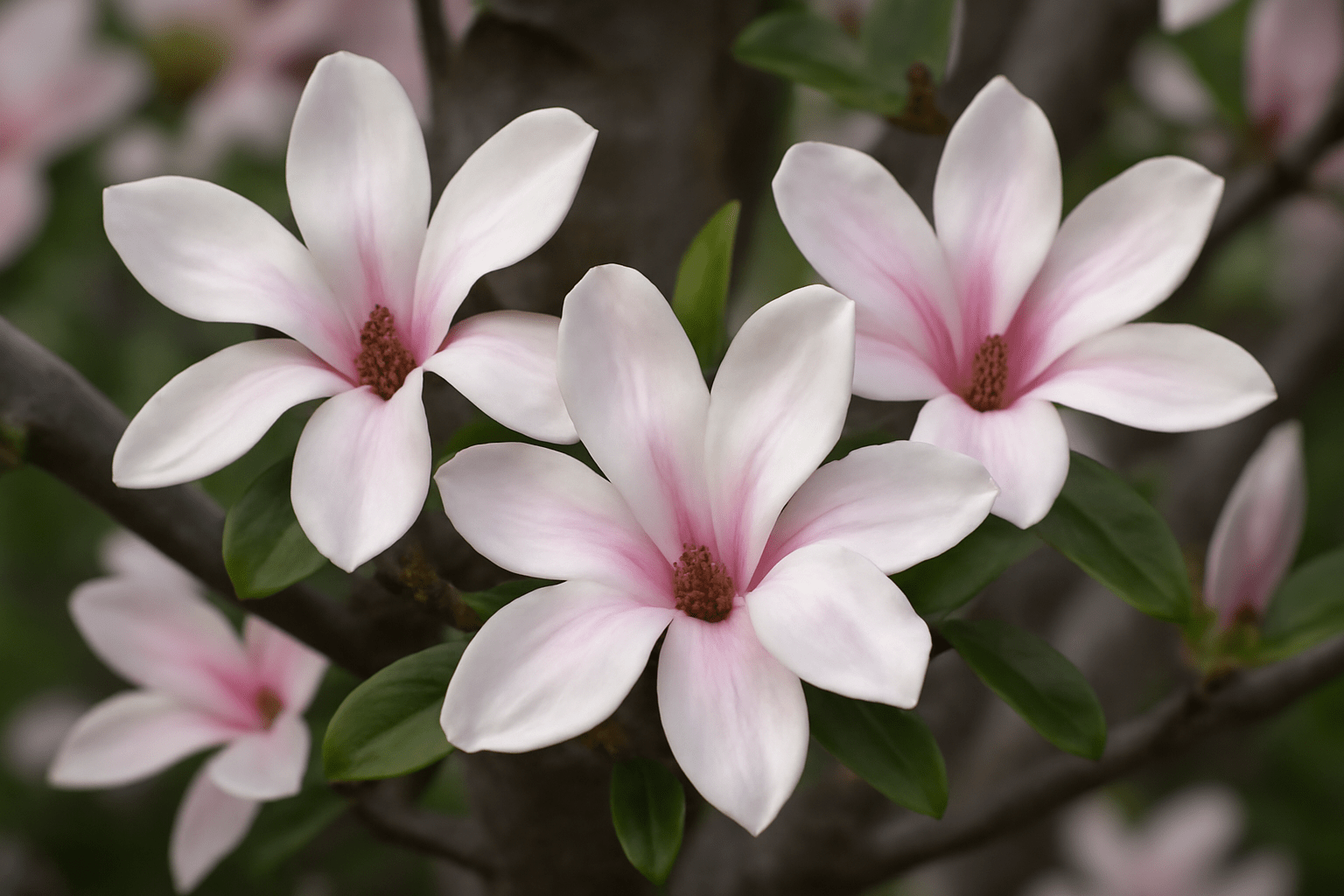 "Close-up of butterfly magnolia tree flowers with soft white and pink petals."