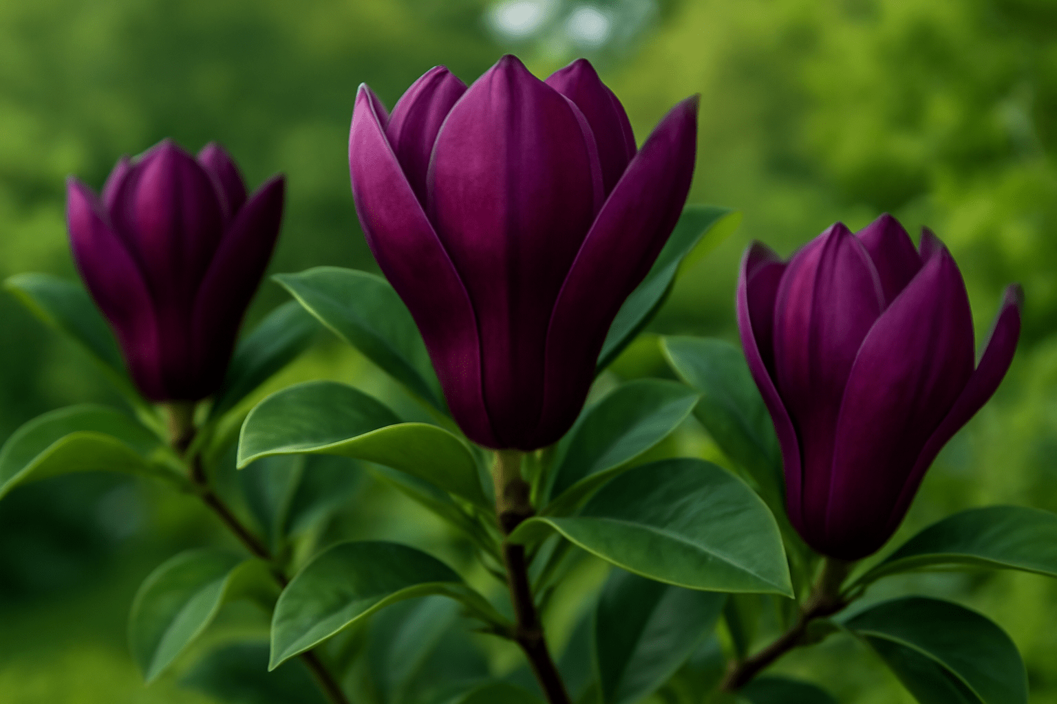 "Close-up of dark purple black tulip magnolia flowers with lush green leaves in a garden."