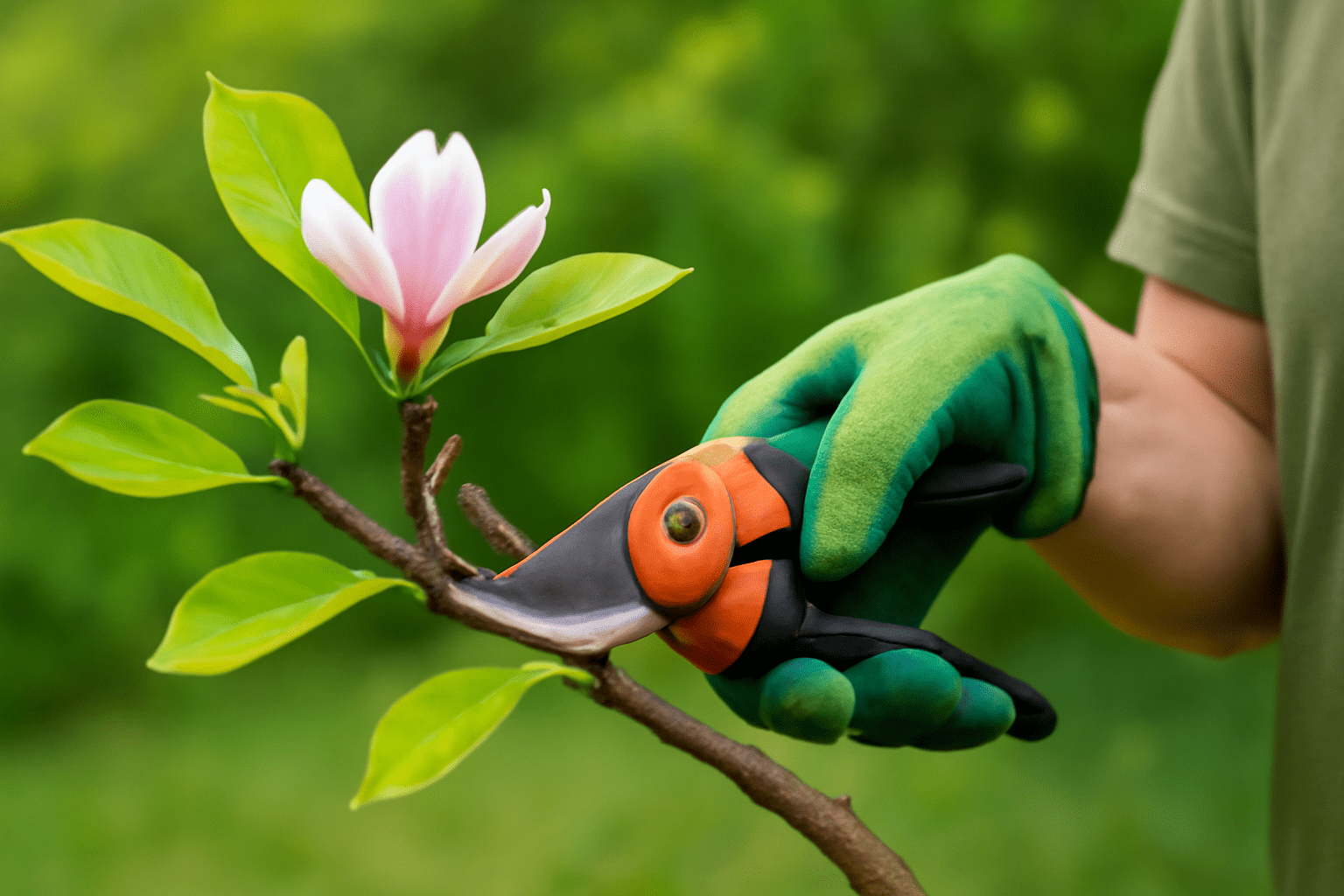 Close-up of pruning dead branches on a magnolia tree to promote healthy growth.