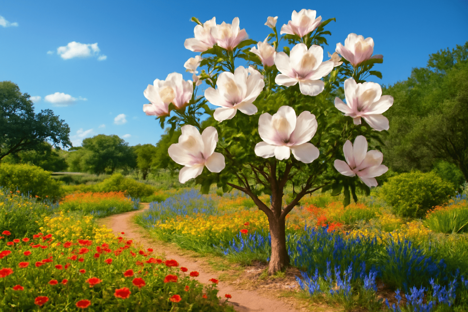 "Magnolia tree in full bloom in a Texas garden under the bright sun, symbolizing thriving growth."