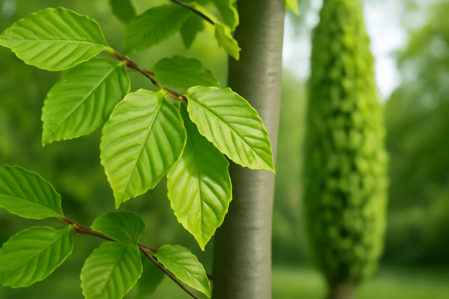 Close-up of vibrant green leaves on a tree branch against a blurred background of greenery and a conical bush, conveying a fresh, serene atmosphere.