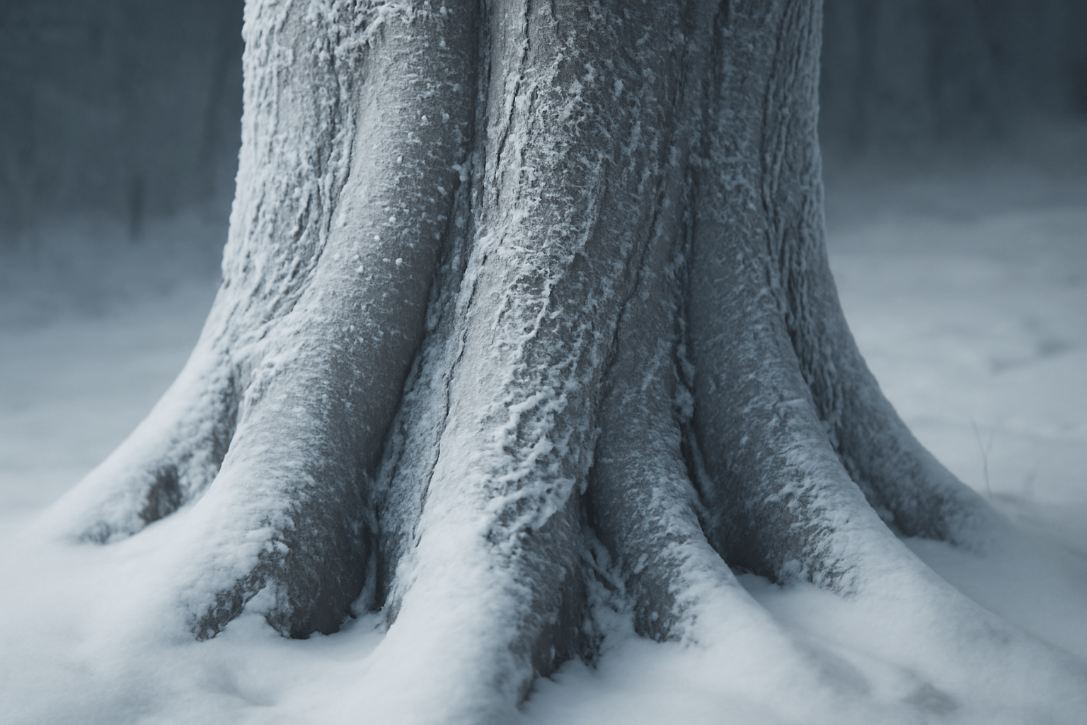 Snow-covered tree trunk and roots in a serene winter landscape. The textured bark and smooth snow create a peaceful, cold atmosphere.