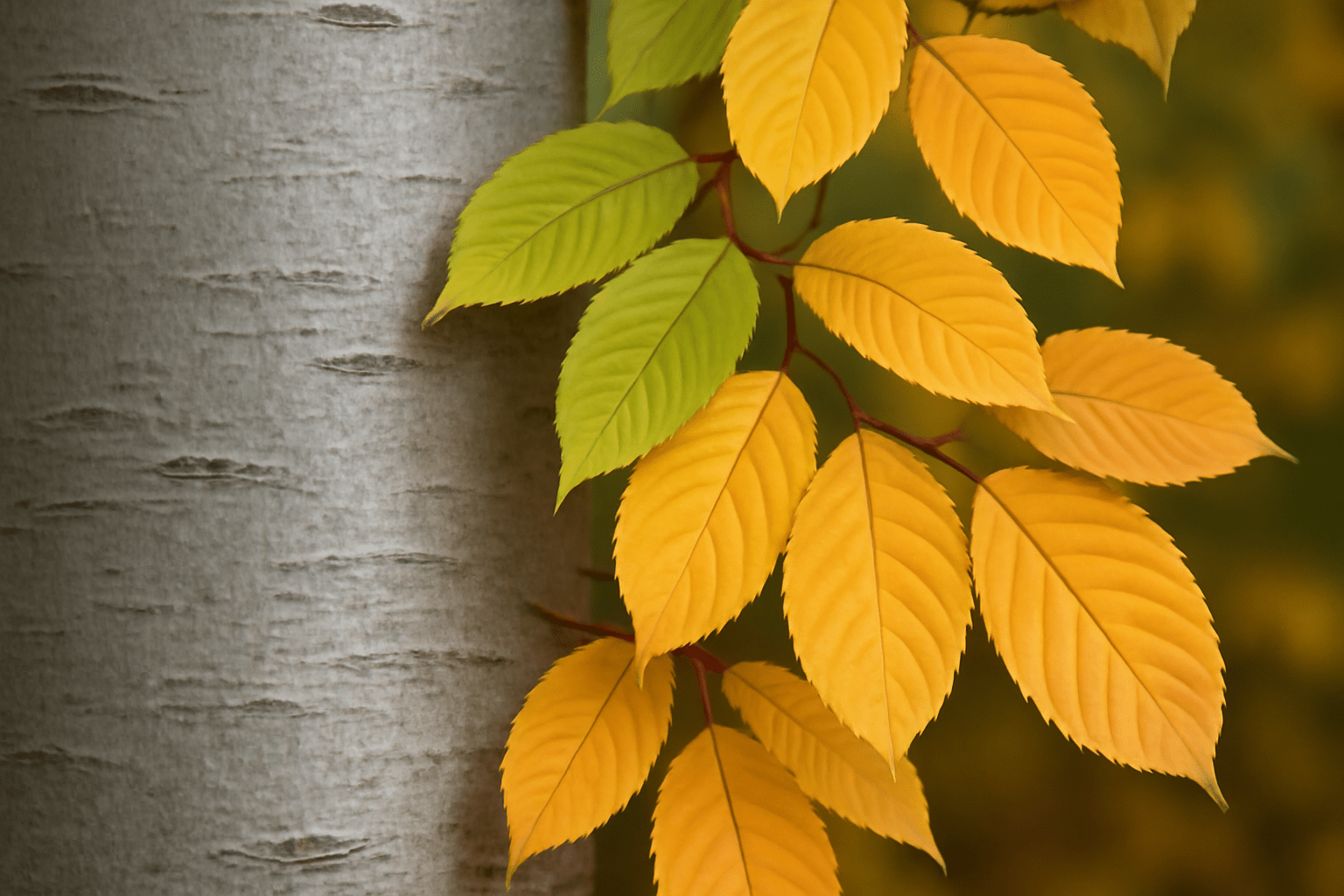 Bright yellow and green leaves on a branch contrast against a textured gray tree trunk, capturing a serene autumnal feel.