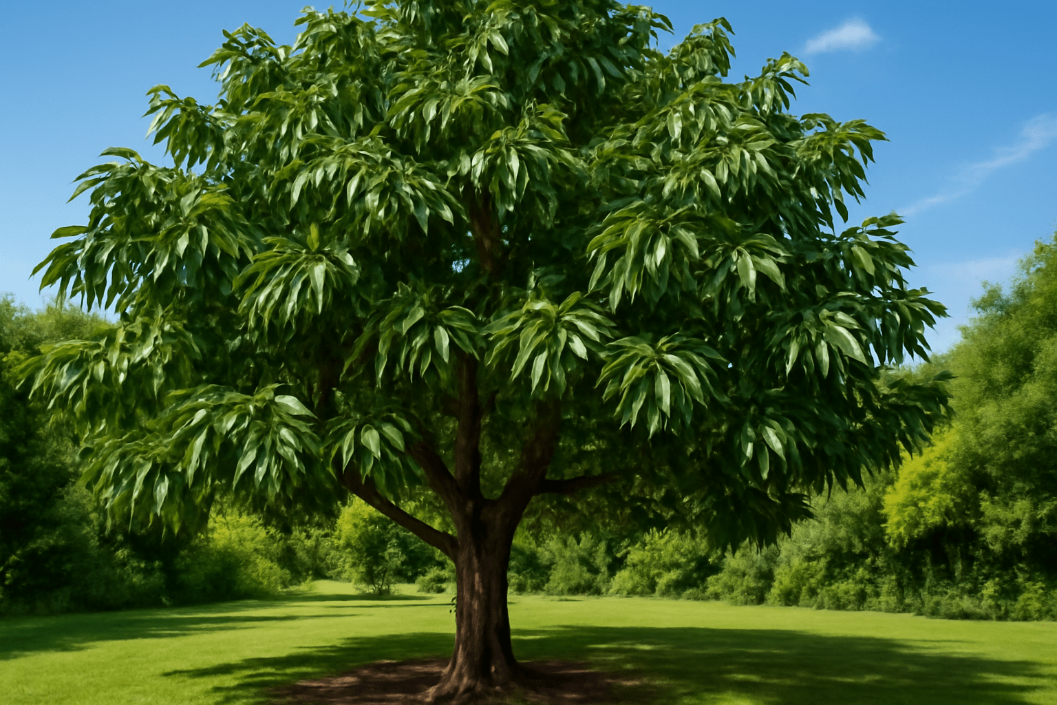 “Close-up of healthy pecan nut tree leaves with serrated edges, showing vibrant dark green color and glossy texture.”