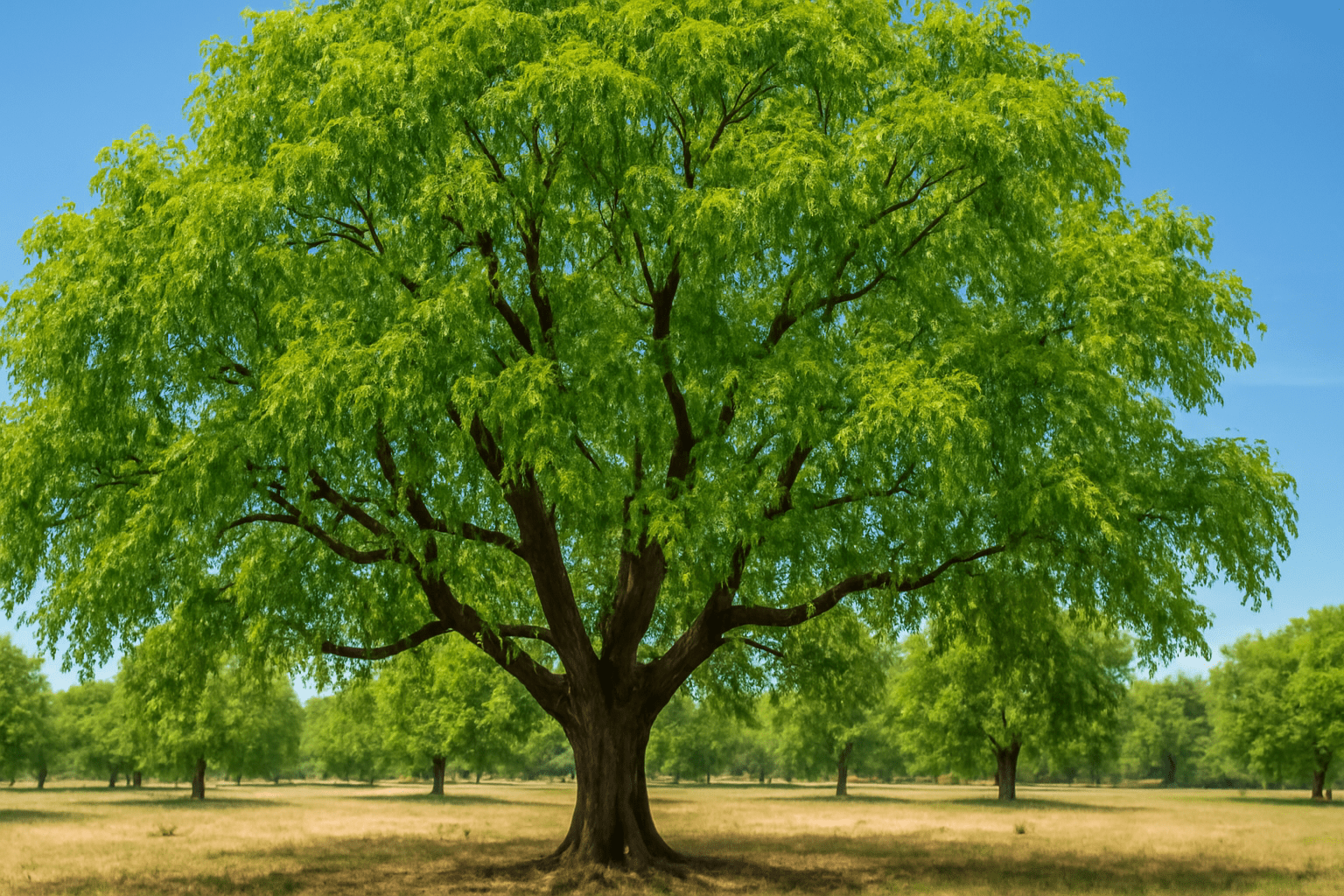 "Mature pecan tree showcasing long lifespan and sturdy growth."