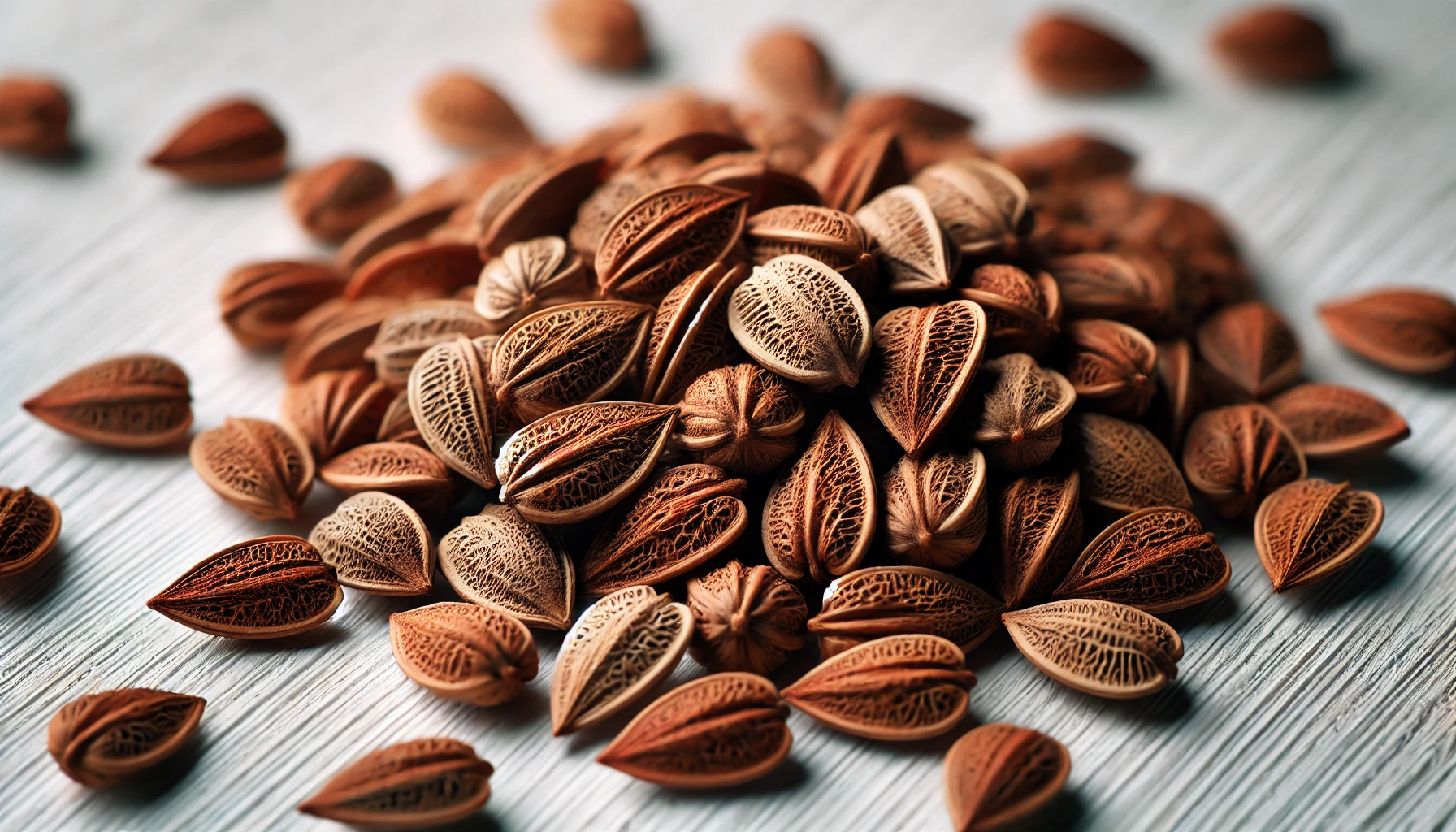 A close-up of a pile of intricately textured brown seeds, showcasing their unique shapes and detailed patterns against a light surface.