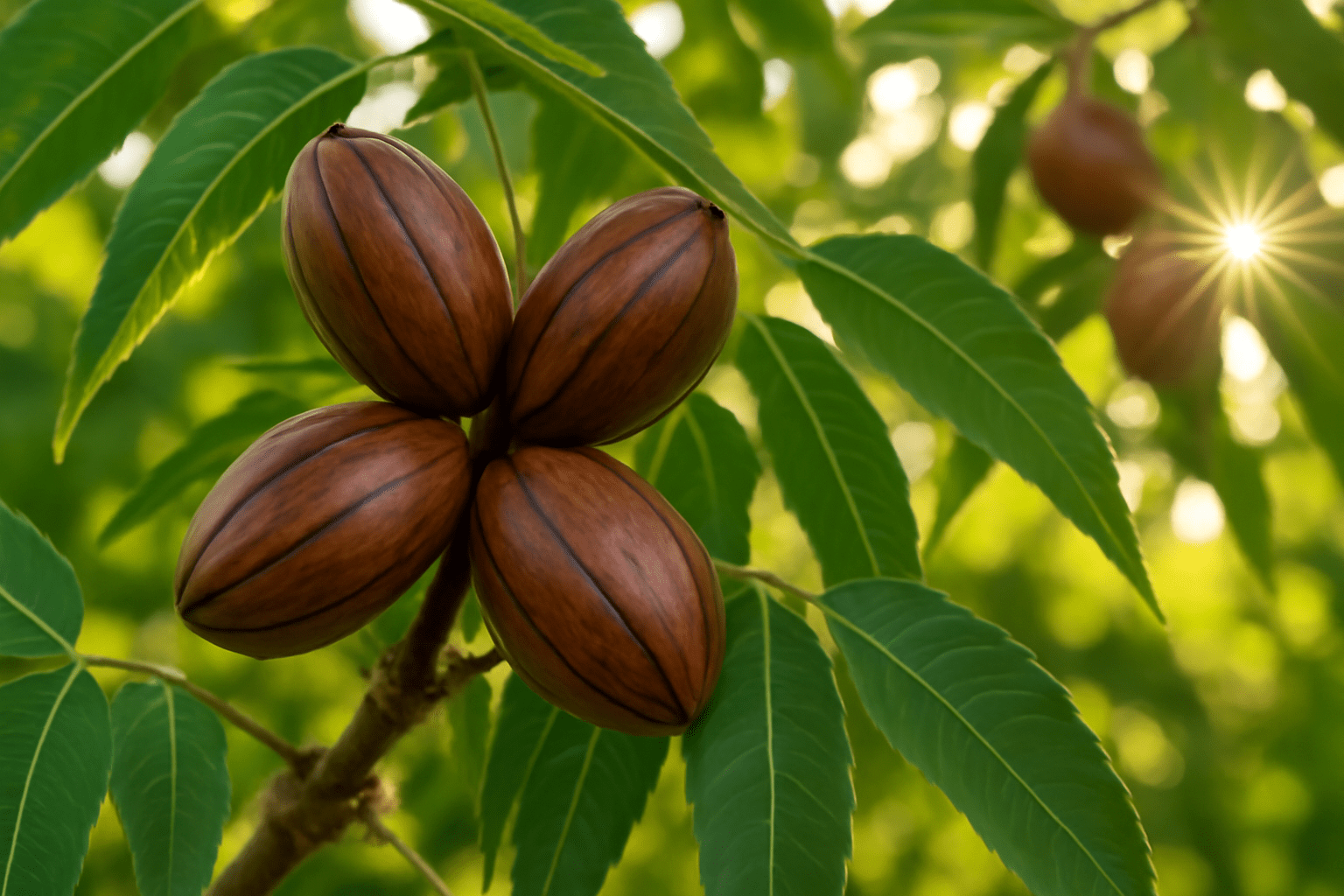 "Close-up of candy pecans growing on a tree with sunlight shining on them."