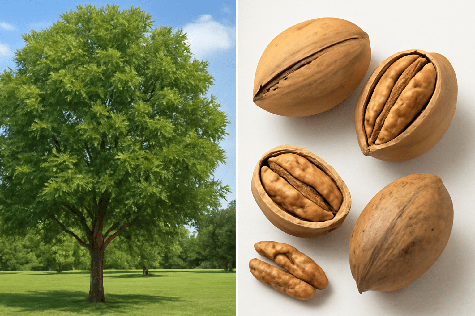 "Comparison of paper shell pecans with regular pecans, showing thin shells"