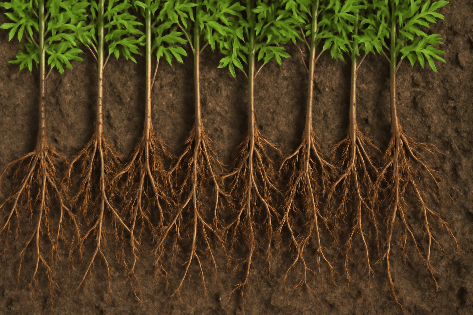 "Close-up of bare root pecan trees with exposed roots, ready for planting in soil."