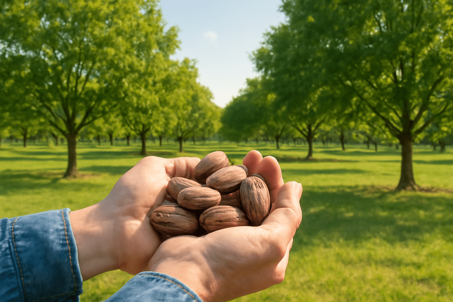 "Farmer holding freshly harvested pecans in front of a thriving pecan orchard, highlighting the investment potential of growing pecan trees."