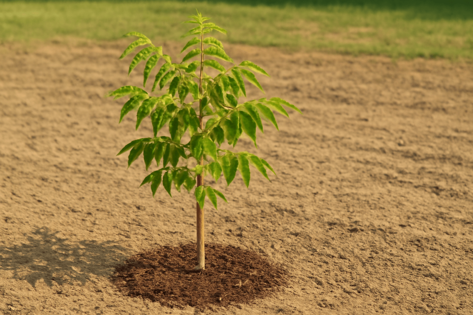 "Young pecan tree in a sunny garden with vibrant green leaves and loamy soil, illustrating the early growth stage of planting a pecan tree from seed."