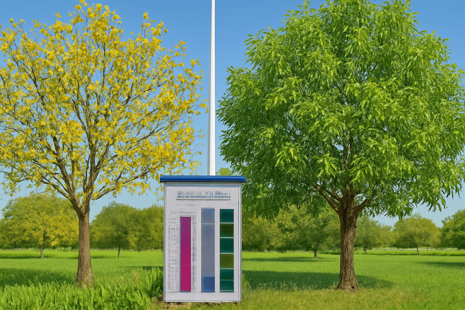 "Split-screen of a nutrient-deficient pecan tree with yellow leaves versus a healthy pecan tree, highlighting how to fertilize pecan trees."