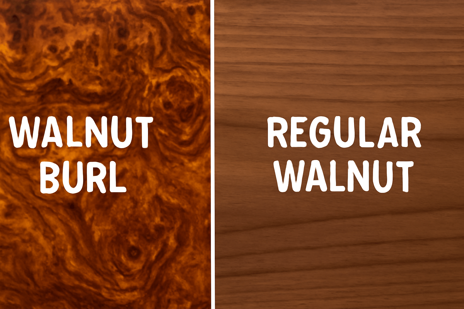 "Split-screen comparison of polished walnut tree burl with swirling grain patterns and regular walnut wood with straight grain, labeled clearly on a neutral background."
