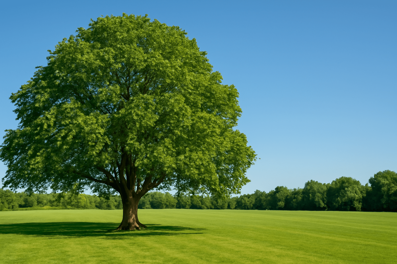 "A walnut tree in a sunny backyard or orchard with green grass, showcasing its beauty and productivity."