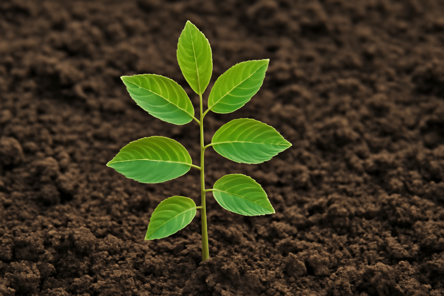 "Close-up of black walnut tree seedling with fresh green leaves growing in fertile soil."